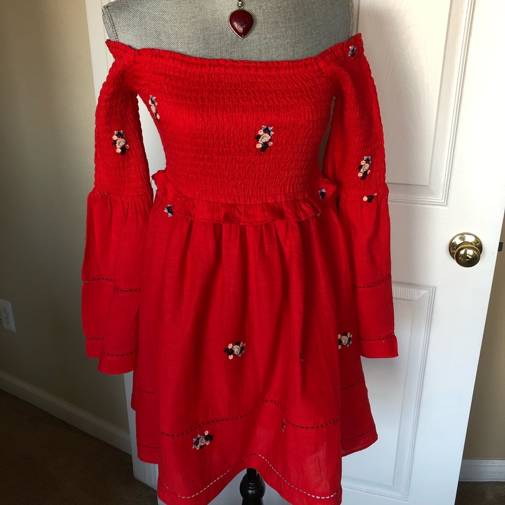 Free People Red Embroidered Dress Sz XS